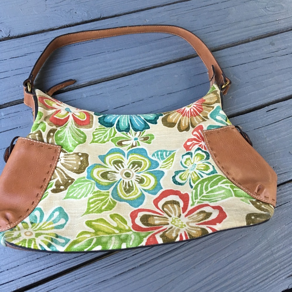 Fossel shoulder bag flowers of the tropics colorful boho leather trimmed Y2K
